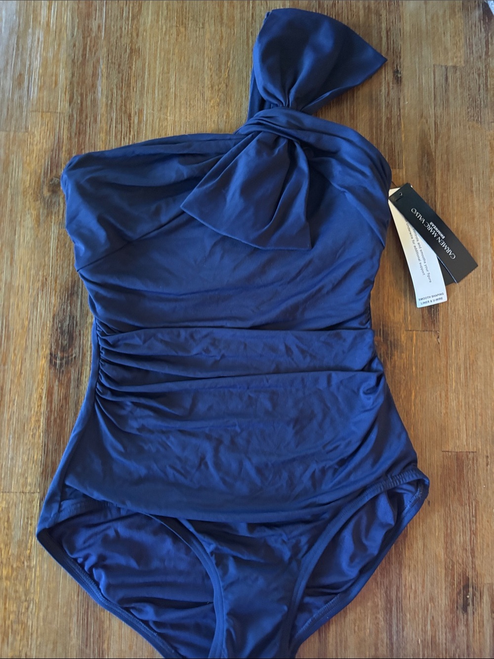 Carmen Marc Valvo Navy One-Shoulder Bow-Accent Swim Bodysuit